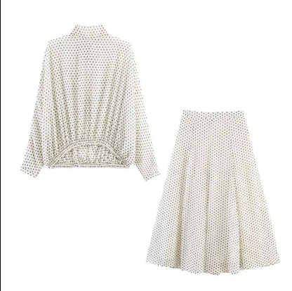 Women's Two-Piece Polka Dot Set with Stand Collar Blouse and Flared Midi Skirt Shop Velvia