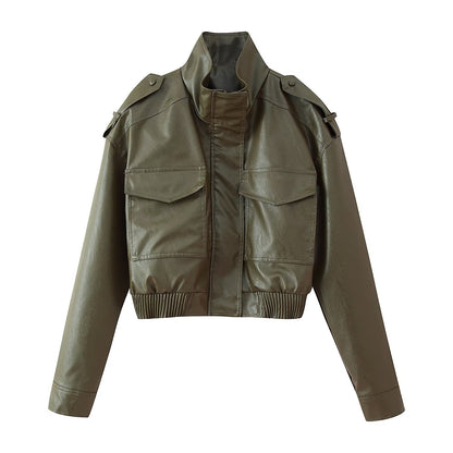 Women Short-Cut Leather Bomber with High Stand Collar, Shoulder Straps and Flap Pockets Shop Velvia