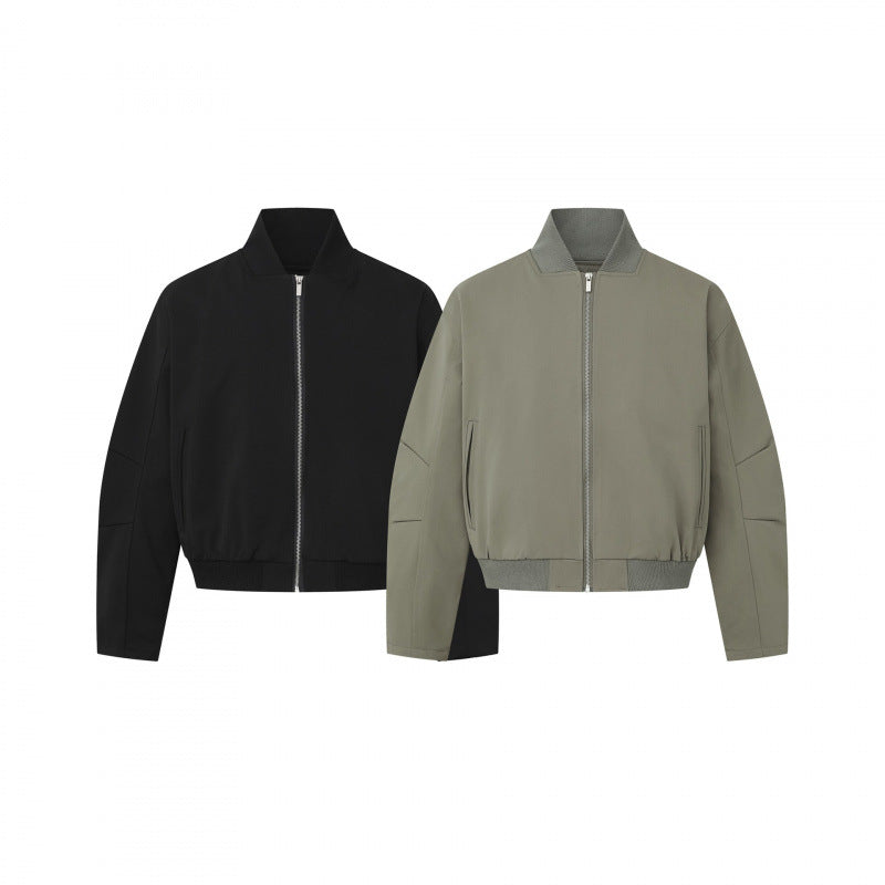 Unisex Short-cut minimalist bomber jacket with ribbed stand-up collar and concealed zipper placket Shop Velvia