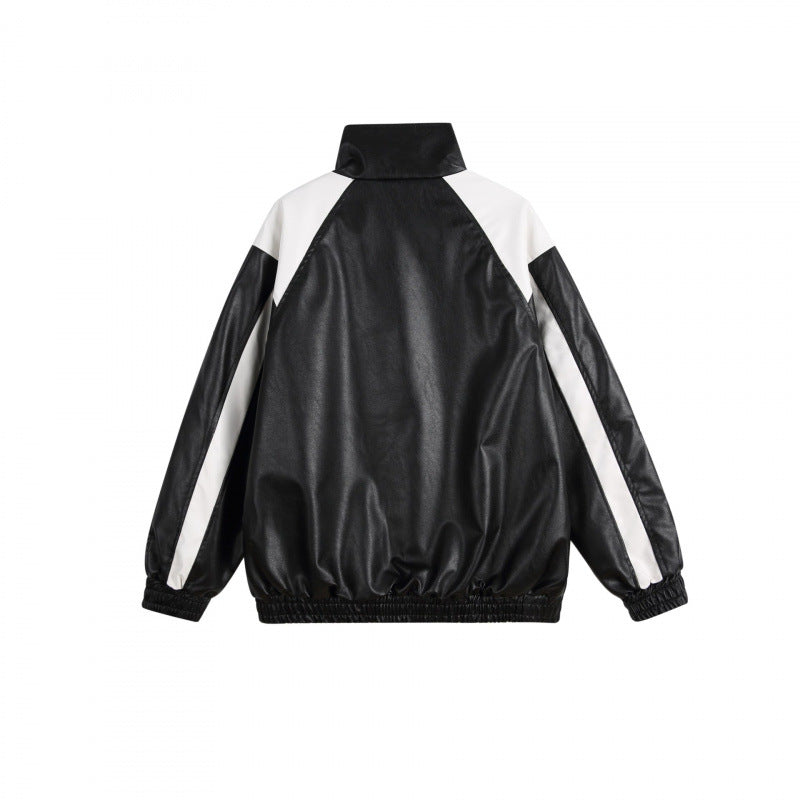 Unisex Retro-inspired Faux Leather Bomber Jacket with Stand-up Collar, Contrast Stripes and Letter Patch Shop Velvia