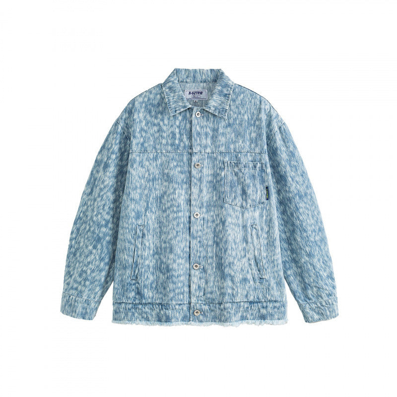 Unisex Boxy Jeans Jacket with Frayed Hem and Textured Wash Shop Velvia