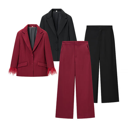Women's Tailored Suit with Feather Cuffs and Straight-Leg Trousers Shop Velvia