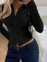 Women Tailored Buttonable Ruffle Top with V-Neck and Figure-Shaping Gather Shop Velvia