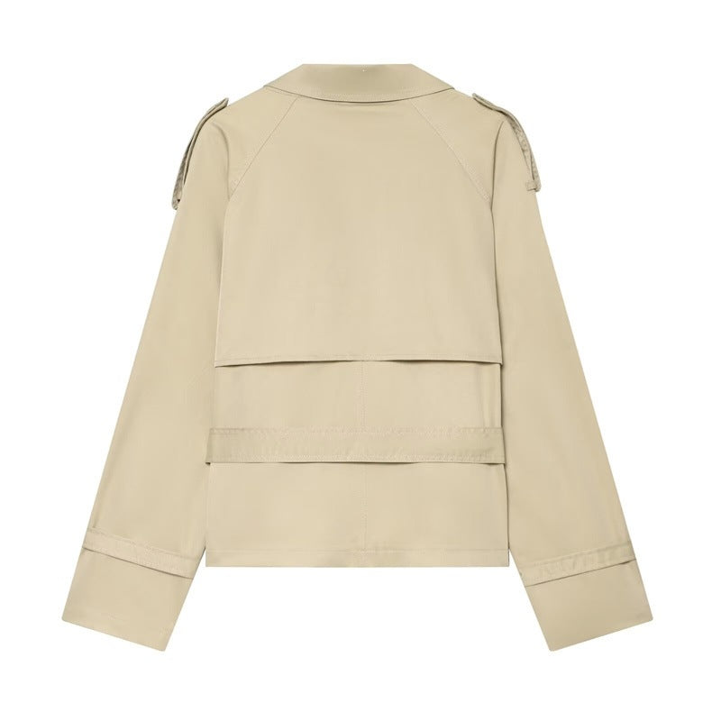 Women Short Boxy Trench with Double Breasted, Waist Belt and Shoulder Tabs Shop Velvia