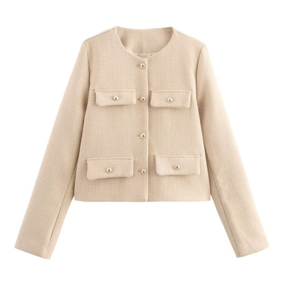 Women Short-Cut Boucle Blazer with Round Neckline, Four Flap Pockets and Gold Decorative Buttons Shop Velvia