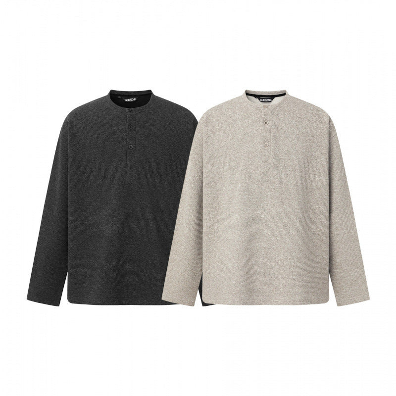 Unisex Oversize fine knit sweater with Henley button placket and stand-up collar Shop Velvia