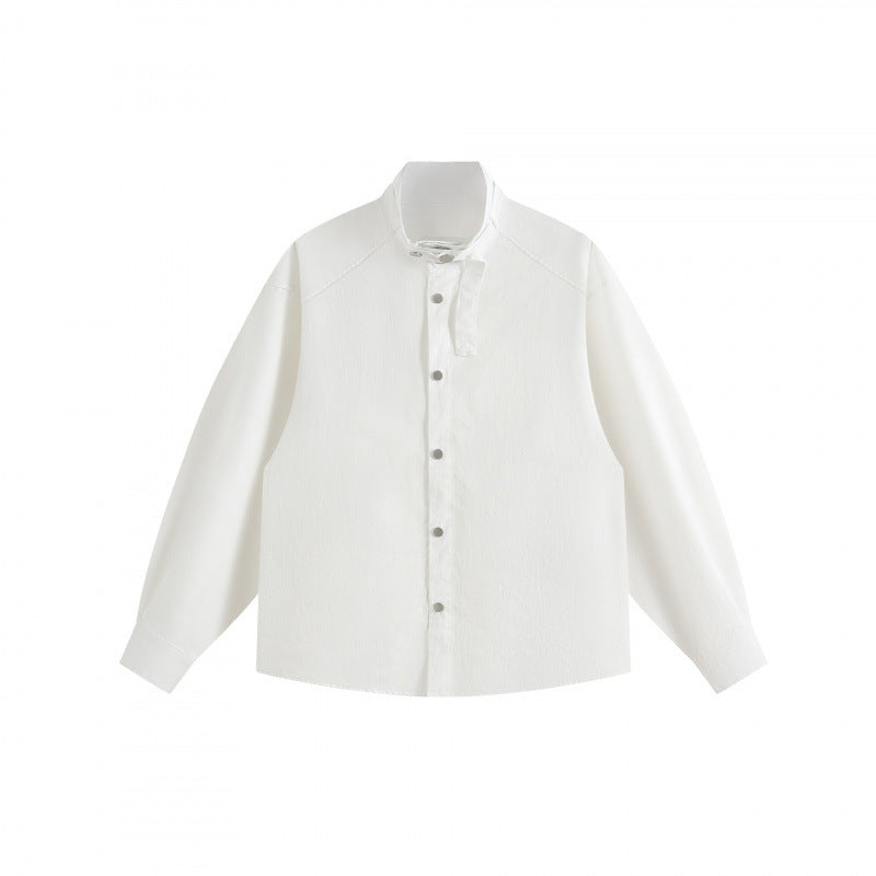 Unisex Boxy Overshirt with Stand Collar, Tie Loop and Snap Button Placket Shop Velvia