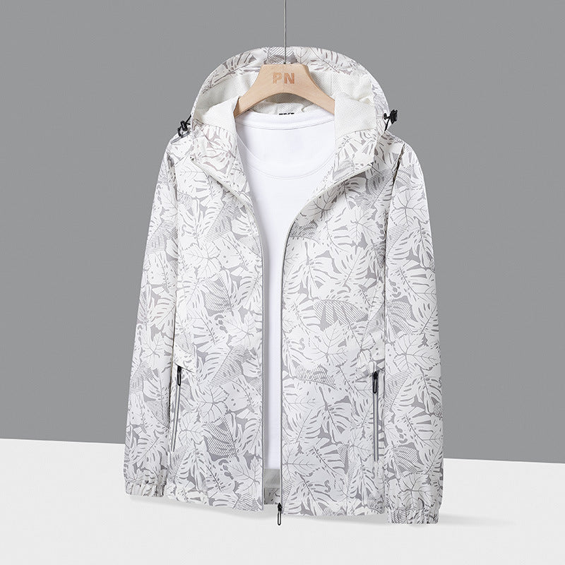 Men's Lightweight Hooded Windbreaker with Botanical Allover Print and Elastic Cuffs Shop Velvia
