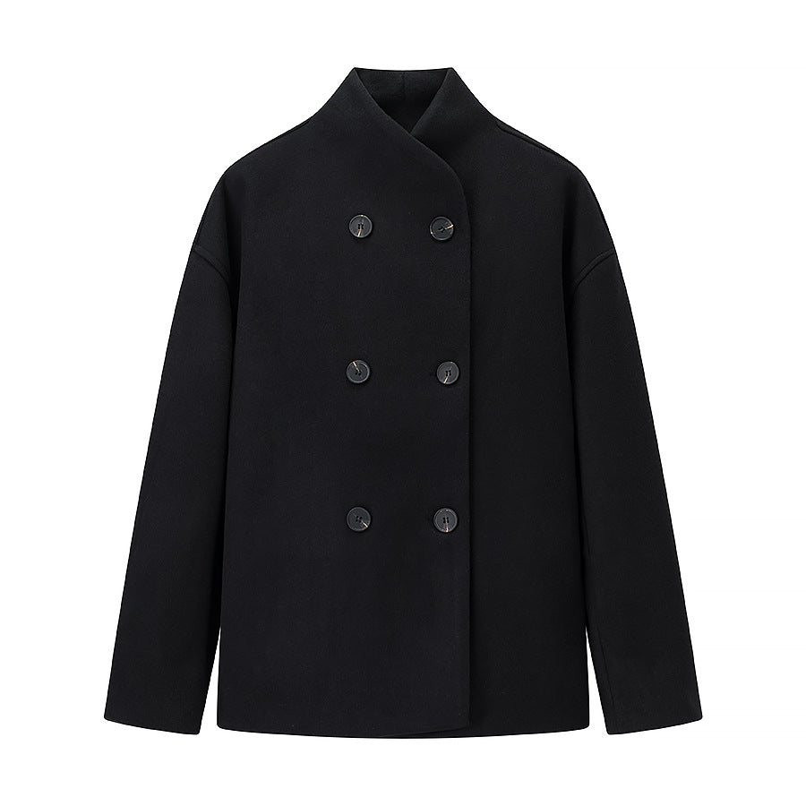 Women Short Double-Breasted Wool Blend Coat with Stand-Up Collar Shop Velvia