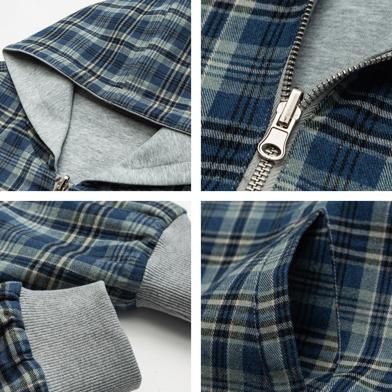 Unisex Padded Hoodie Bomber Jacket with Checkered Flannel Lining and Sturdy Zipper Shop Velvia