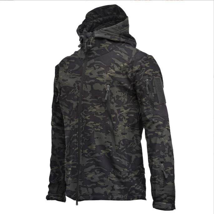 Men's Tactical Softshell Jacket with Hood, Camouflage Pattern and Multiple Zipper Pockets Shop Velvia