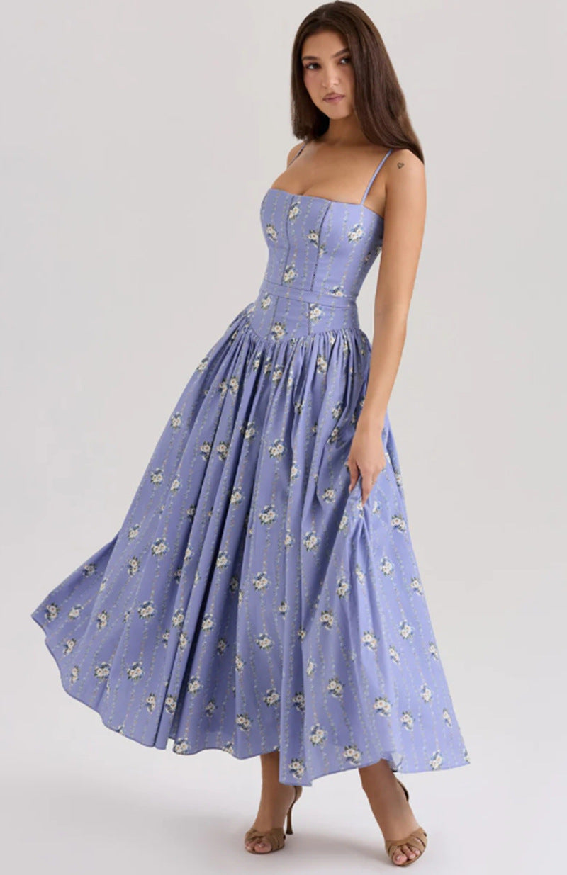 Women's fitted maxi dress with corset top and fine spaghetti straps