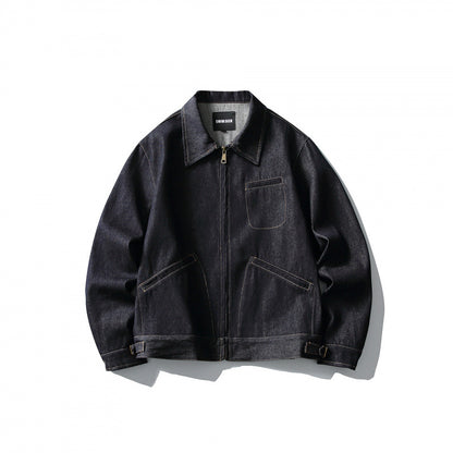 Men's Boxy Denim Jacket in Worker Style with Full Zip and Chest Pocket Shop Velvia