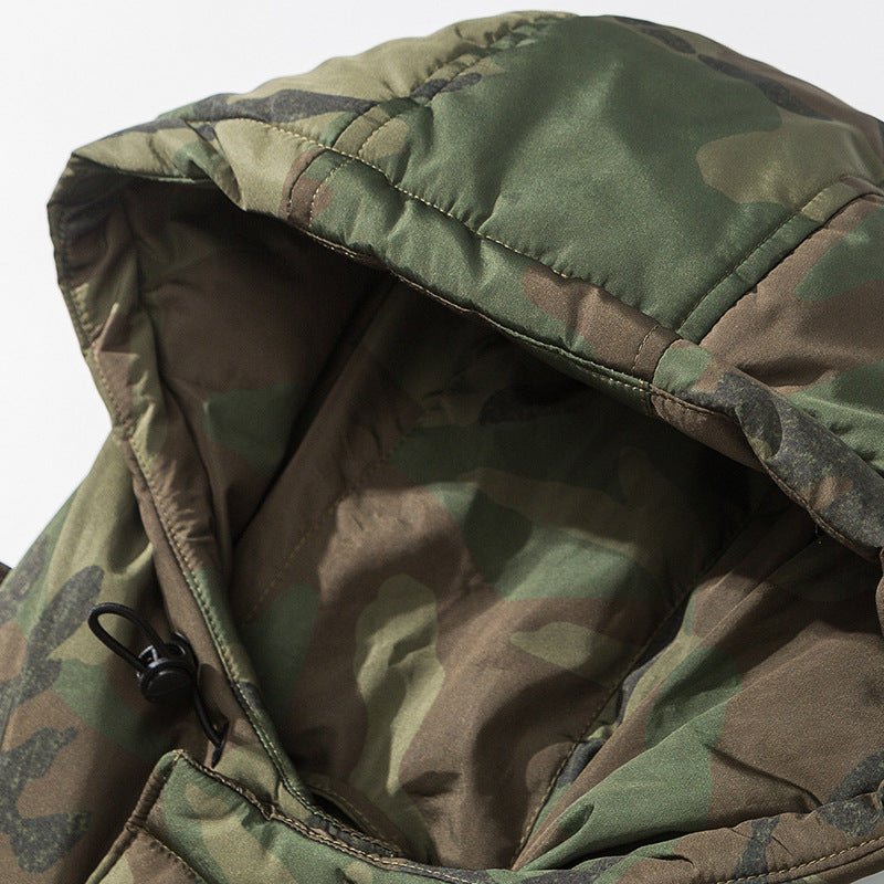 Unisex Boxy-Short-Puffer Jacket in Camouflage-Utility Style with Hood and Concealed Front Placket Shop Velvia