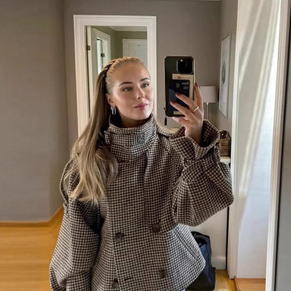 Women's Oversize Houndstooth Coat with Cape Detail, High Stand Collar and Adjustable Cuffs Shop Velvia