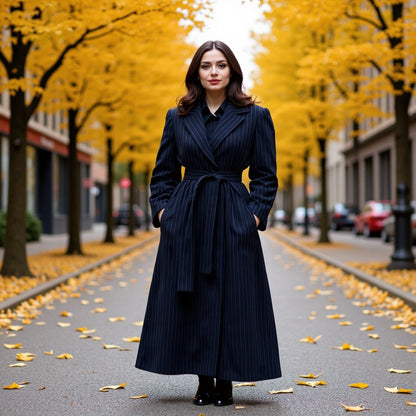 Women's Long Cut Pinstripe Coat in Trench Coat Look with Tie Belt Shop Velvia