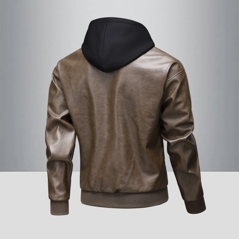 Men's leather bomber jacket with integrated hood insert and ribbed cuffs Shop Velvia