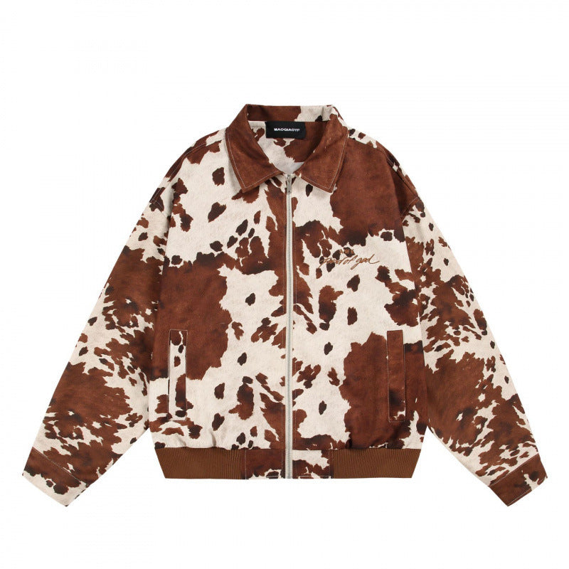 Unisex Boxy Bomber Jacket with Cow Pattern, Zipper and Ribbed Cuff Shop Velvia