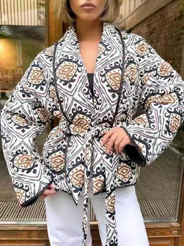 Women's quilted kimono jacket with graphic ethnic print and waist belt Shop Velvia
