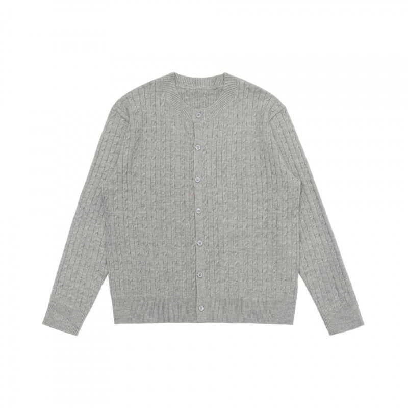 Unisex Short-cut Braid Knit Cardigan with Round Neck and Pearlescent Buttons Shop Velvia