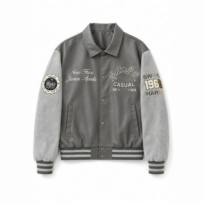 Men's varsity bomber jacket in collegiate style with faux leather body, suede look sleeves and embroidered patches Shop Velvia