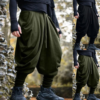 Men's nan avant-garde harem pants with wrap front, elastic waistband, and slim lower leg Shop Velvia