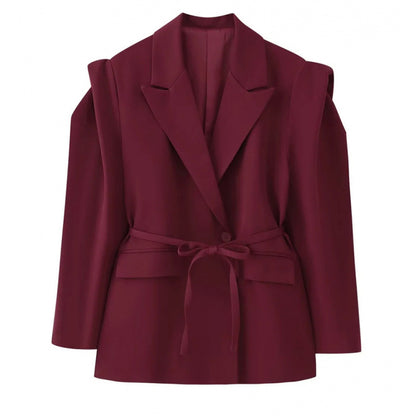 Women Tailored Blazer with Delicate Tie Waist, Emphasized Shoulder Area and Flap Pockets Shop Velvia