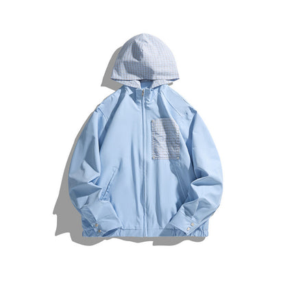 Unisex Lightweight Hooded Transition Jacket with Checkered Pattern Lining and Chest Pocket Shop Velvia