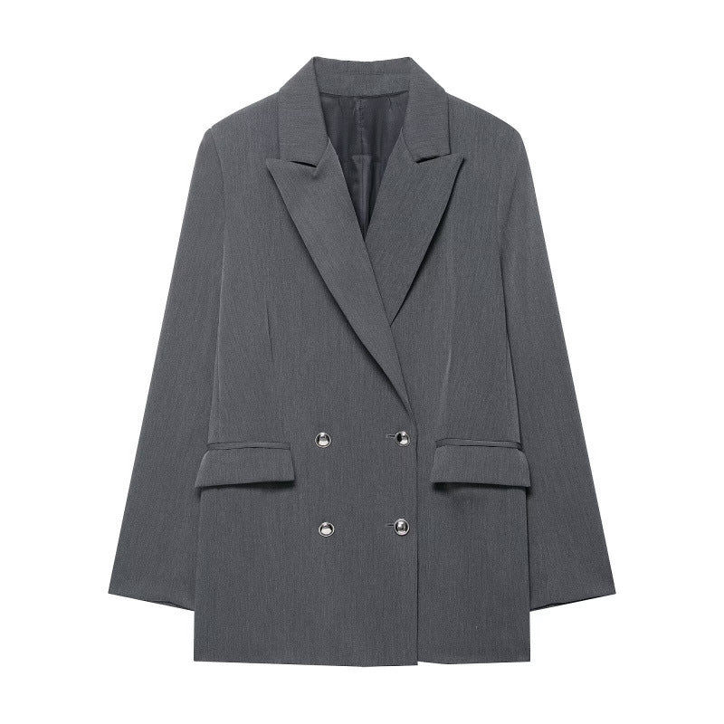 Women's oversized structured double-breasted blazer with wide lapels and patch pockets Shop Velvia