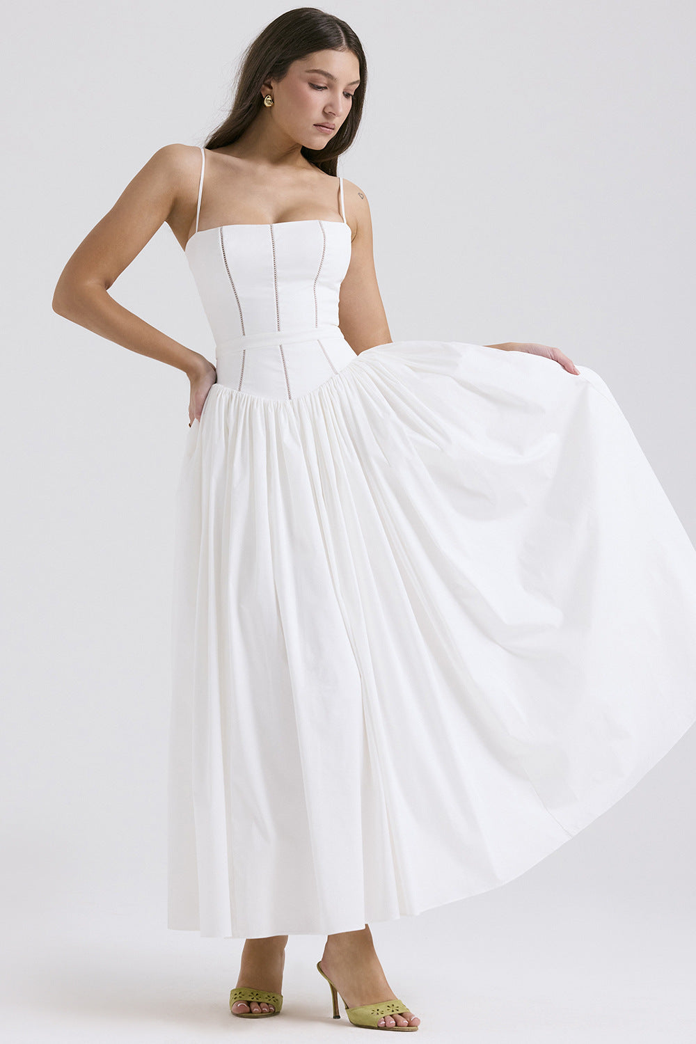 Women's fitted maxi dress with corset top and fine spaghetti straps