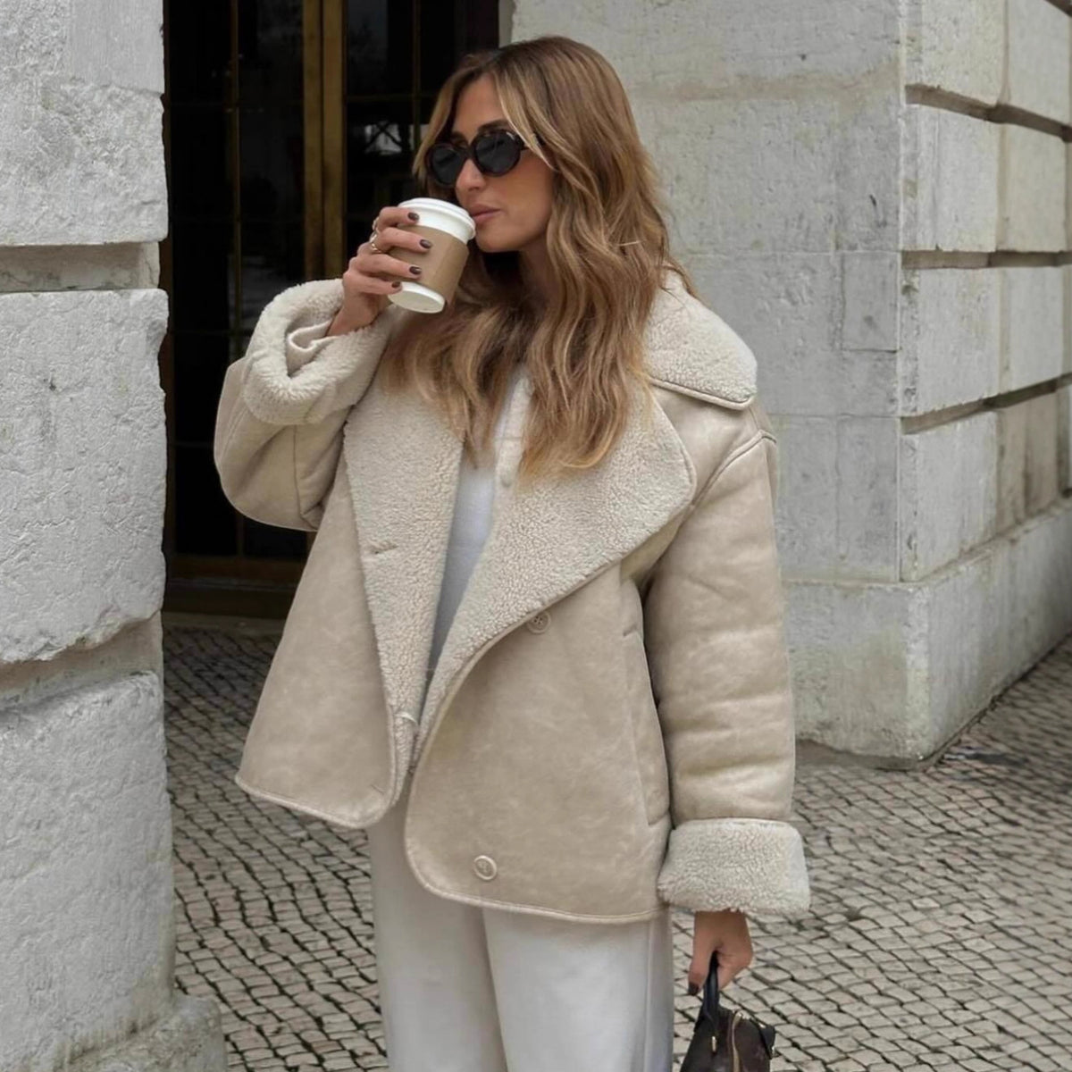 Ladies short jacket in lamb fur look with shawl collar and side patch pockets Shop Velvia