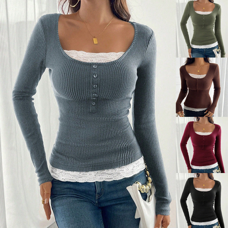 Women’s ribbed top with deep scoop neckline, decorative button placket and lace insert Shop Velvia