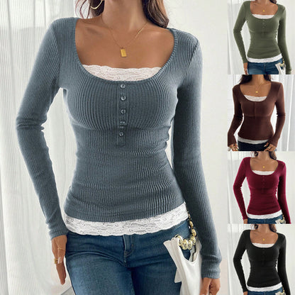 Women’s ribbed top with deep scoop neckline, decorative button placket and lace insert Shop Velvia