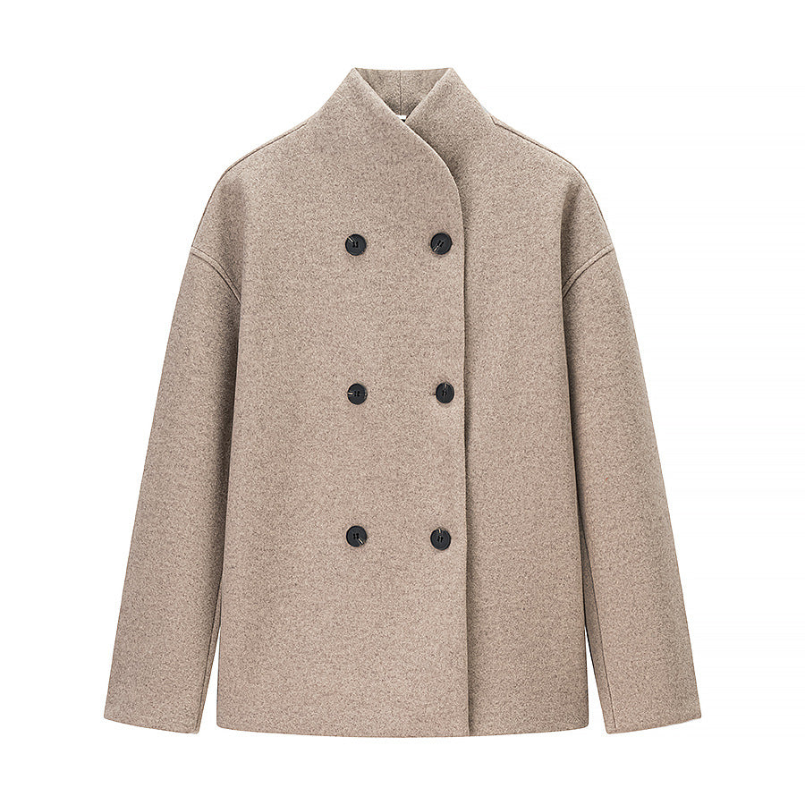 Women Short Double-Breasted Wool Blend Coat with Stand-Up Collar Shop Velvia