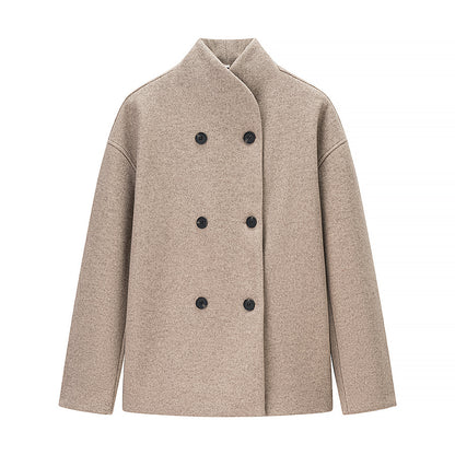 Women Short Double-Breasted Wool Blend Coat with Stand-Up Collar Shop Velvia