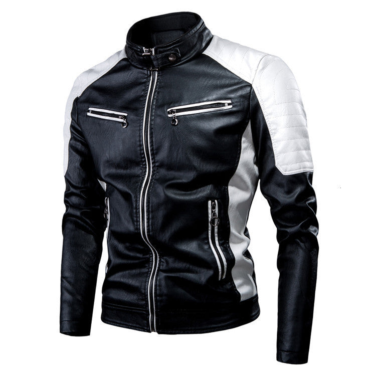 Men's Slim Fit Motorcycle Faux Leather Jacket with Contrast Panels, Quilted Shoulders and Zipper Pockets Shop Velvia