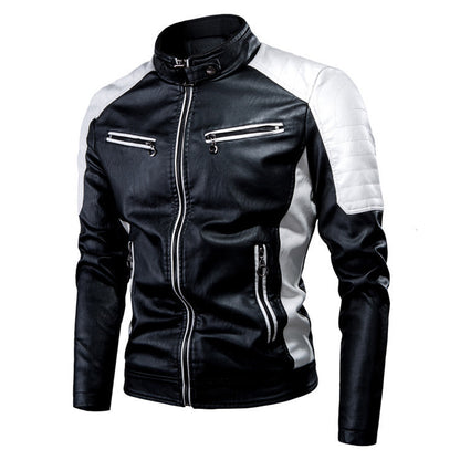 Men's Slim Fit Motorcycle Faux Leather Jacket with Contrast Panels, Quilted Shoulders and Zipper Pockets Shop Velvia