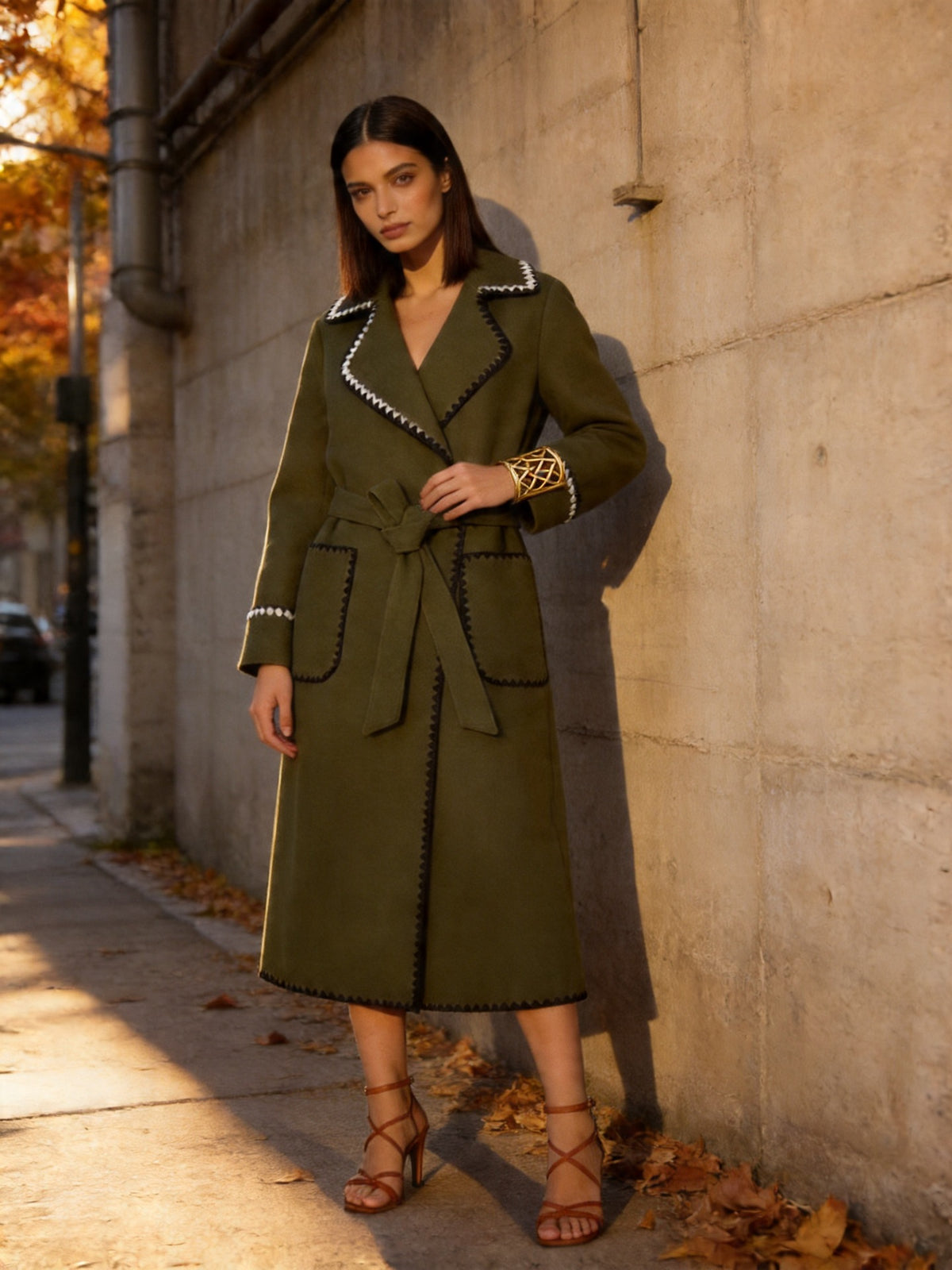 Women Tailored Wrap Coat made of Wool Blend with Decorative Wave Trim and Tied Belt Shop Velvia