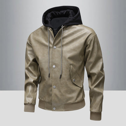 Men's leather bomber jacket with integrated hood insert and ribbed cuffs Shop Velvia