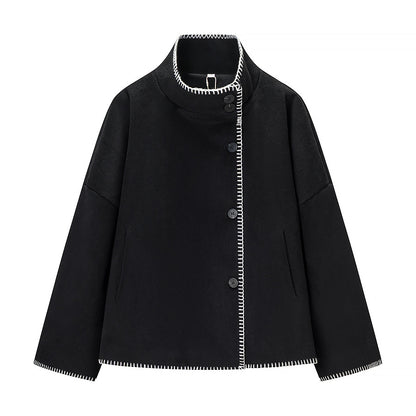 Women's short cape coat with stand collar, contrasting decorative stitch edge, and oversized sleeves Shop Velvia