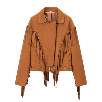 Women Short Suede Biker Jacket with Oversized Silhouette and Long Fringes Shop Velvia