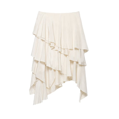 Women's Asymmetrical Tiered Skirt with Ruffles and Flowing Satin Fall Shop Velvia