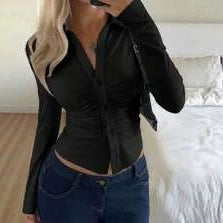 Women Tailored Buttonable Ruffle Top with V-Neck and Figure-Shaping Gather Shop Velvia
