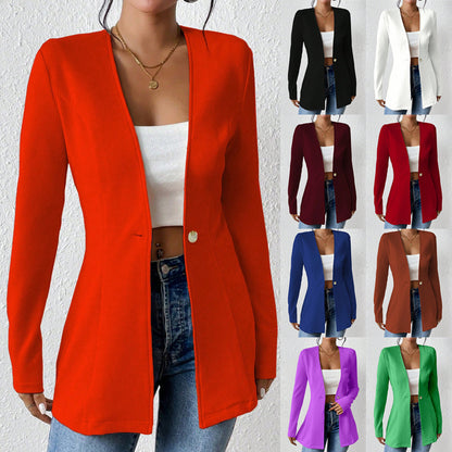 Ladies Tailored Long Blazer with V-Neck and One-Button Closure Shop Velvia
