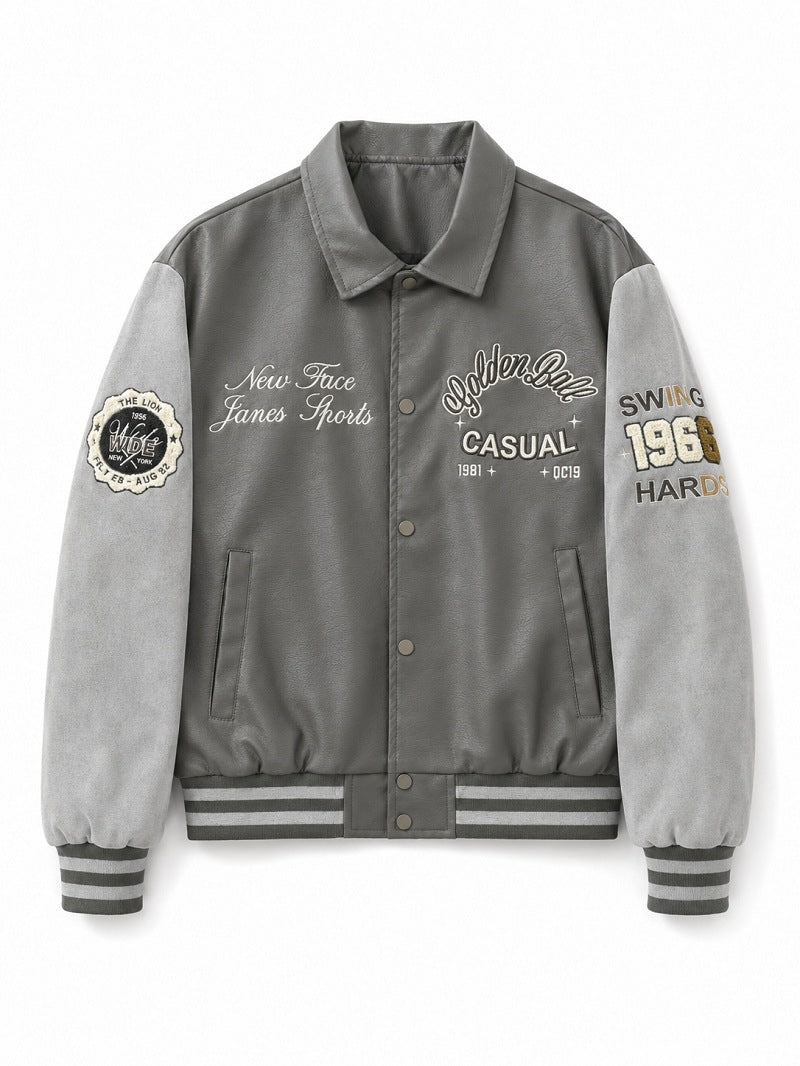 Men's varsity bomber jacket in collegiate style with faux leather body, suede look sleeves and embroidered patches Shop Velvia