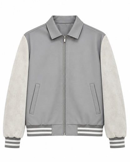 Men's Retro Letterman Bomber with Smooth Faux Leather Body and Velvet Sleeve Detail Shop Velvia