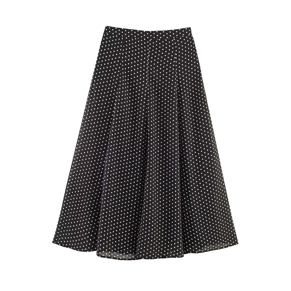 Ladies Flowing Midi Skirt in Vintage Polka Dot Design with Flared Plate Cut Shop Velvia
