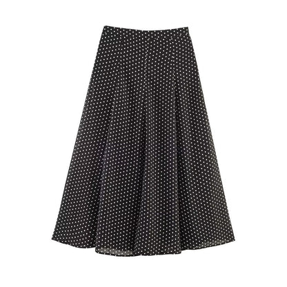 Ladies Flowing Midi Skirt in Vintage Polka Dot Design with Flared Plate Cut Shop Velvia