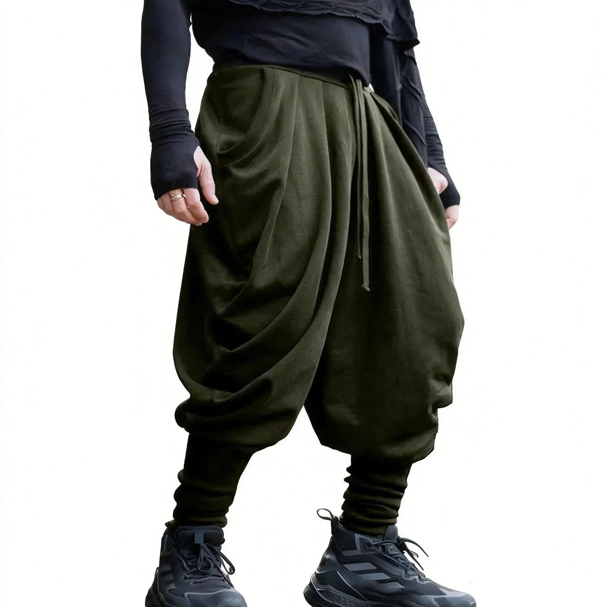 Men's nan avant-garde harem pants with wrap front, elastic waistband, and slim lower leg Shop Velvia