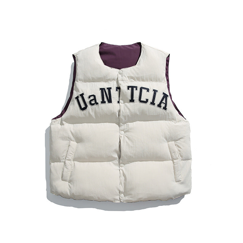 Unisex Padded Quilted Vest in Boxy Cut with Snap Button Closure and College Logo Print Shop Velvia